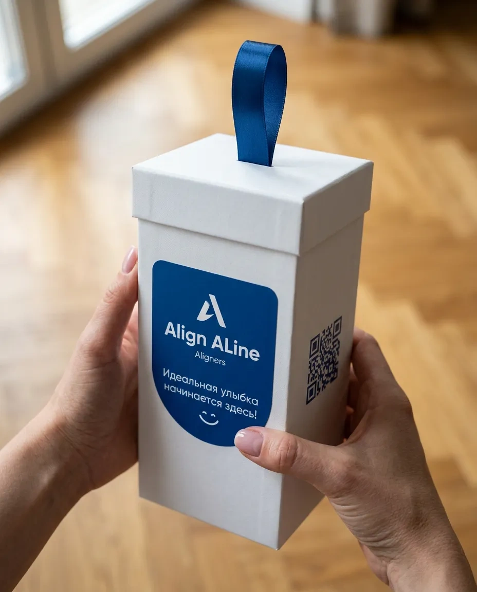 Коробка AlignALine с синей лентой в руках